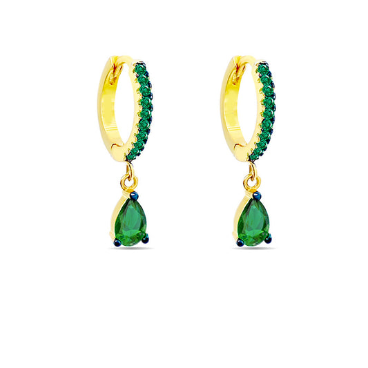 emerald color drop shape dangling Silver hoops