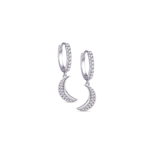 CZ hoops earrings with dangling crescent shape Silver