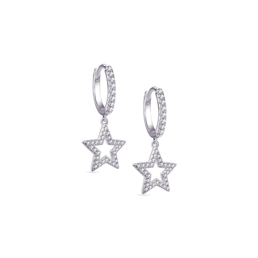 CZ hoops earrings with dangling star shape Silver